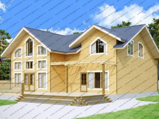 Деревянный дом 15 на 17 из бруса с витражными окнами под ключ