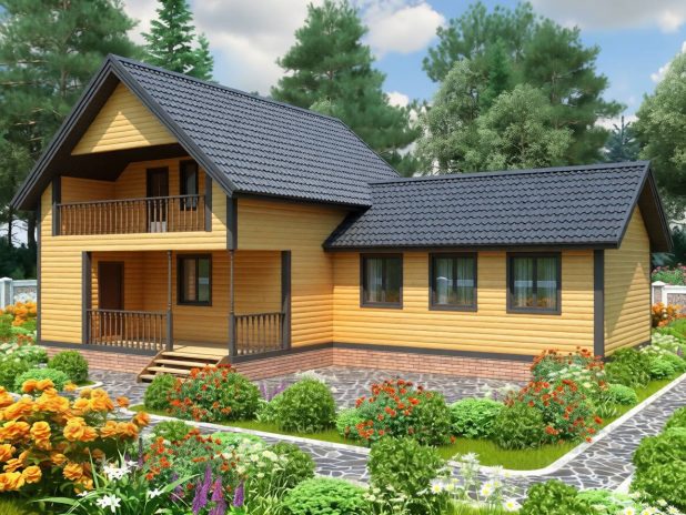 Двухэтажный дом из бруса с баней и бассейном под ключ