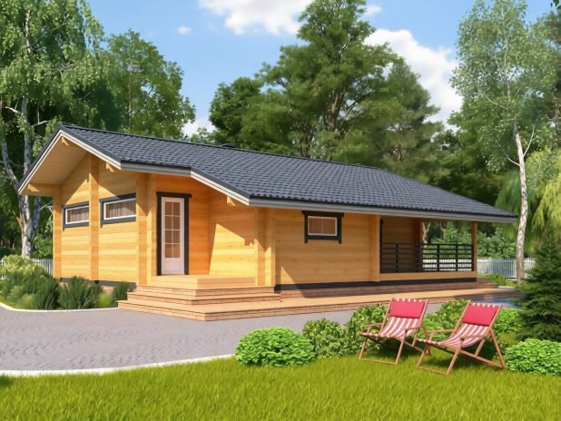 Баня из бруса в стиле шале с террасой под ключ