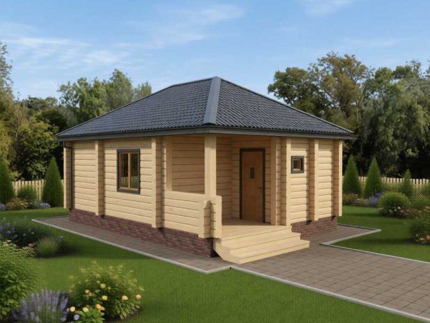 Одноэтажная баня из бруса 5х8 с террасой под ключ