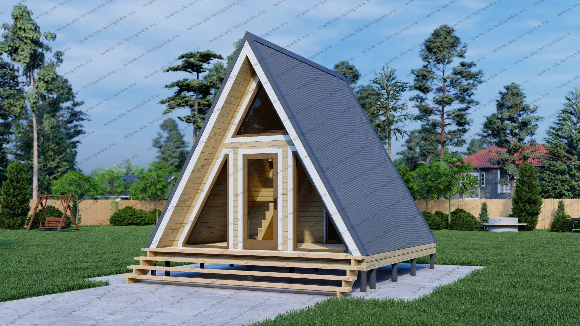Треугольный дом-шалаш 5х5 в стиле А-фрейм под ключ – фото, проект и цена вМоскве