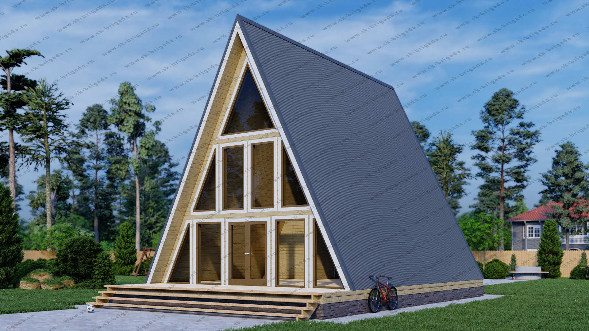 Треугольный дом-шалаш 8х10 в стиле А-фрейм под ключ – фото, проект и цена вМоскве